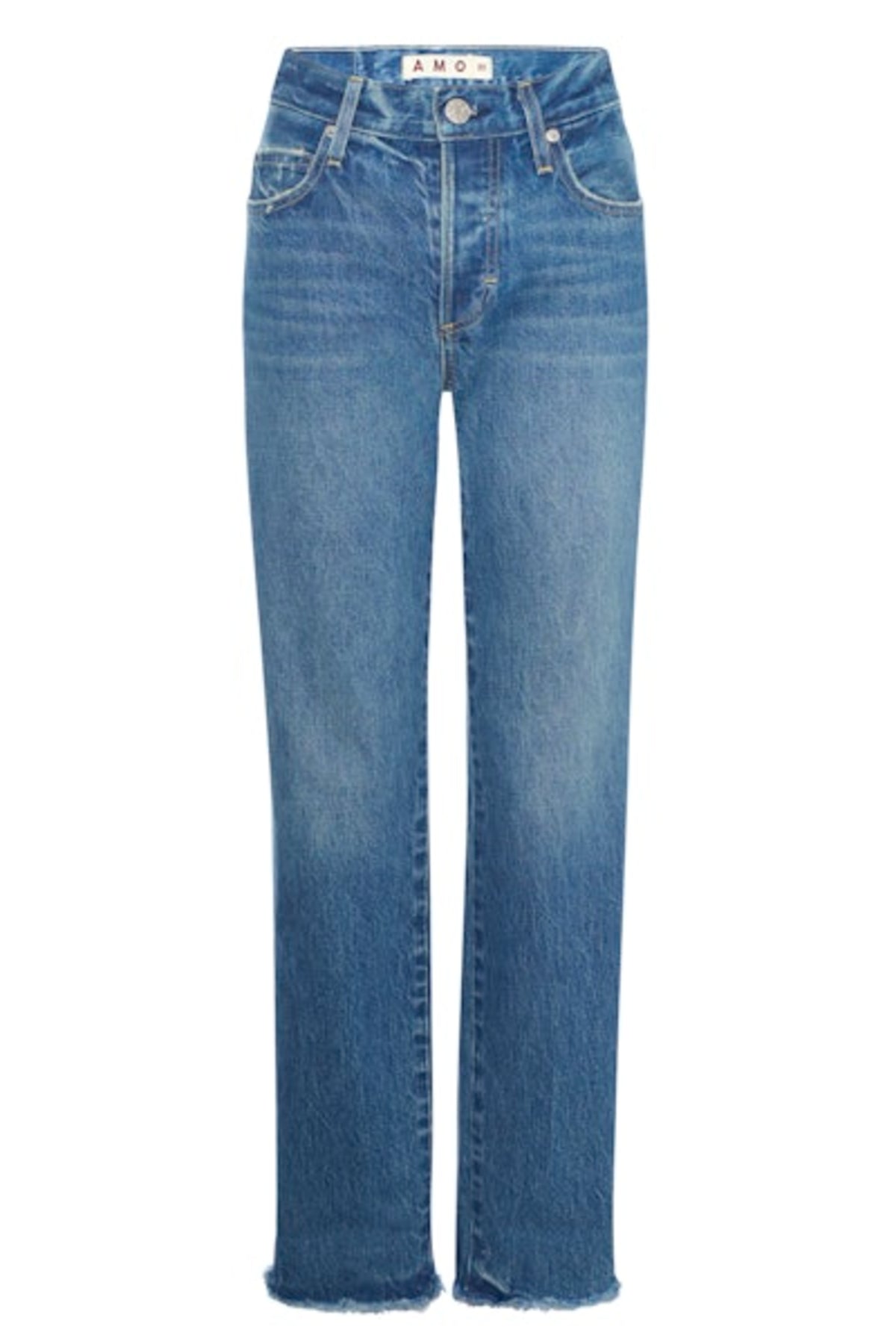 Image of model wearing AMO DENIM Camryn Jean in Magnetic. Cameron is a mid-rise 100% Cotton mid-wash denim with a tapered, straight leg opening. Designed to wear with cuffed hem.