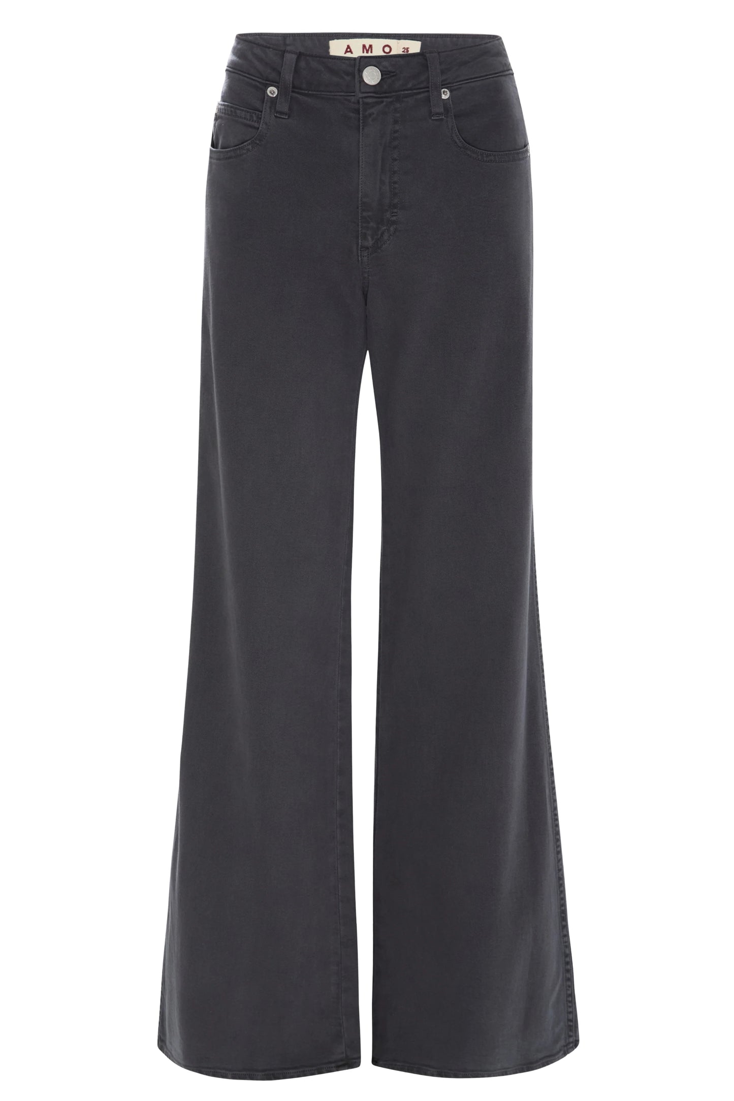 Image of model wearing AMO Denim Elizabeth Flare Jean in Pewter Black. Elizabeth Flare is a Premium Mid-Rise Denim with a Bell Bottom Flare Leg Opening. Made in Los Angeles from Eco-Friendly Cotton-Lyocell Denim.