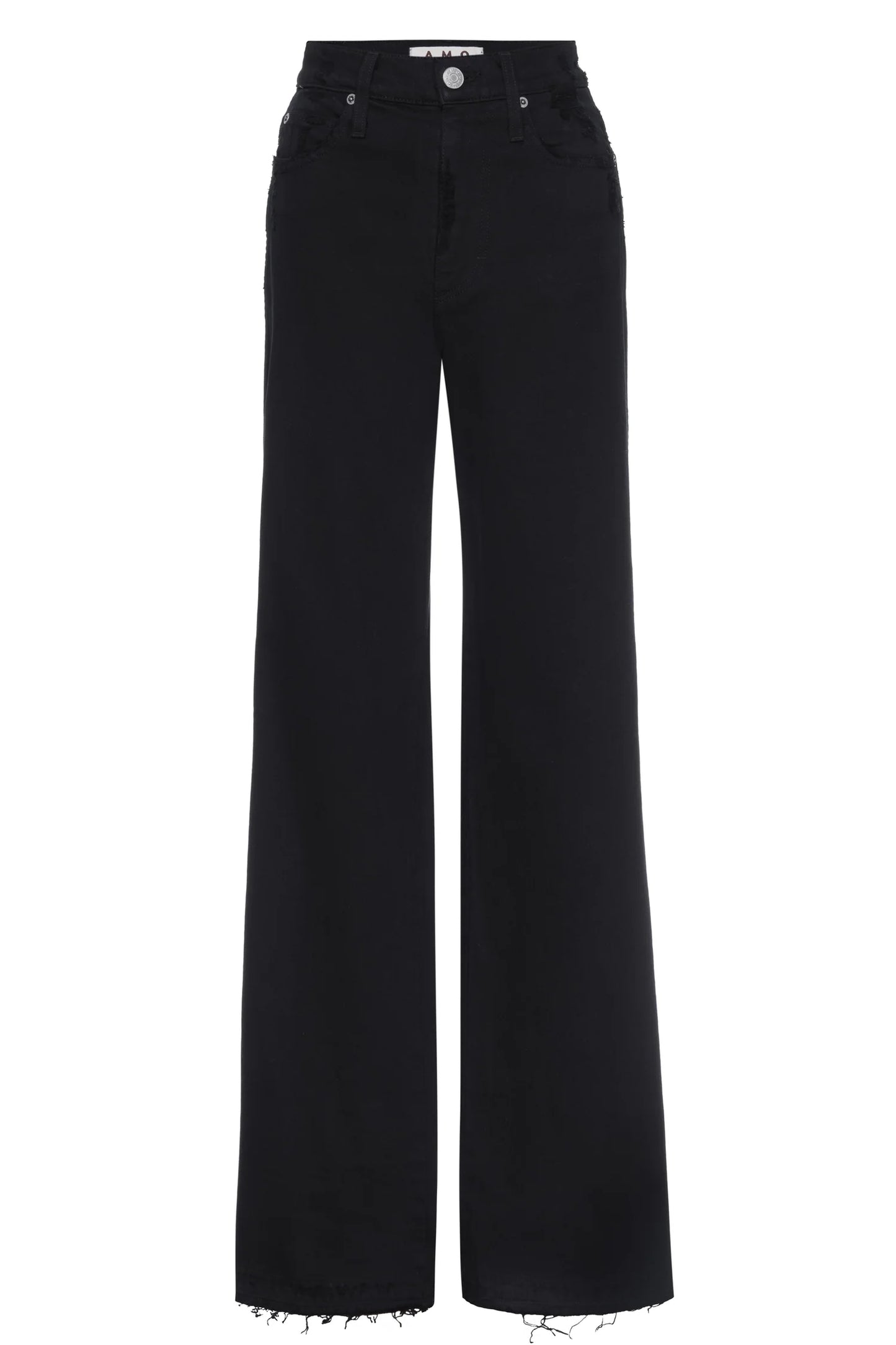 Image of model wearing AMO DENIM Friday Wide Leg in Black Oak. Frida is a high rise, wide leg sailor cut jean in a true black wash.