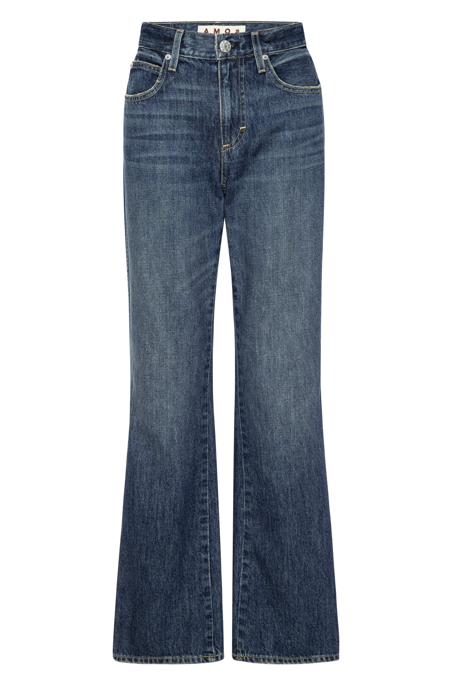 Image of AMO Denim 90s inspired Marcenia Cotton Low Rise Boot Cut Jeans on white background - Ethically Made Fashion - Made in USA Women's Apparel