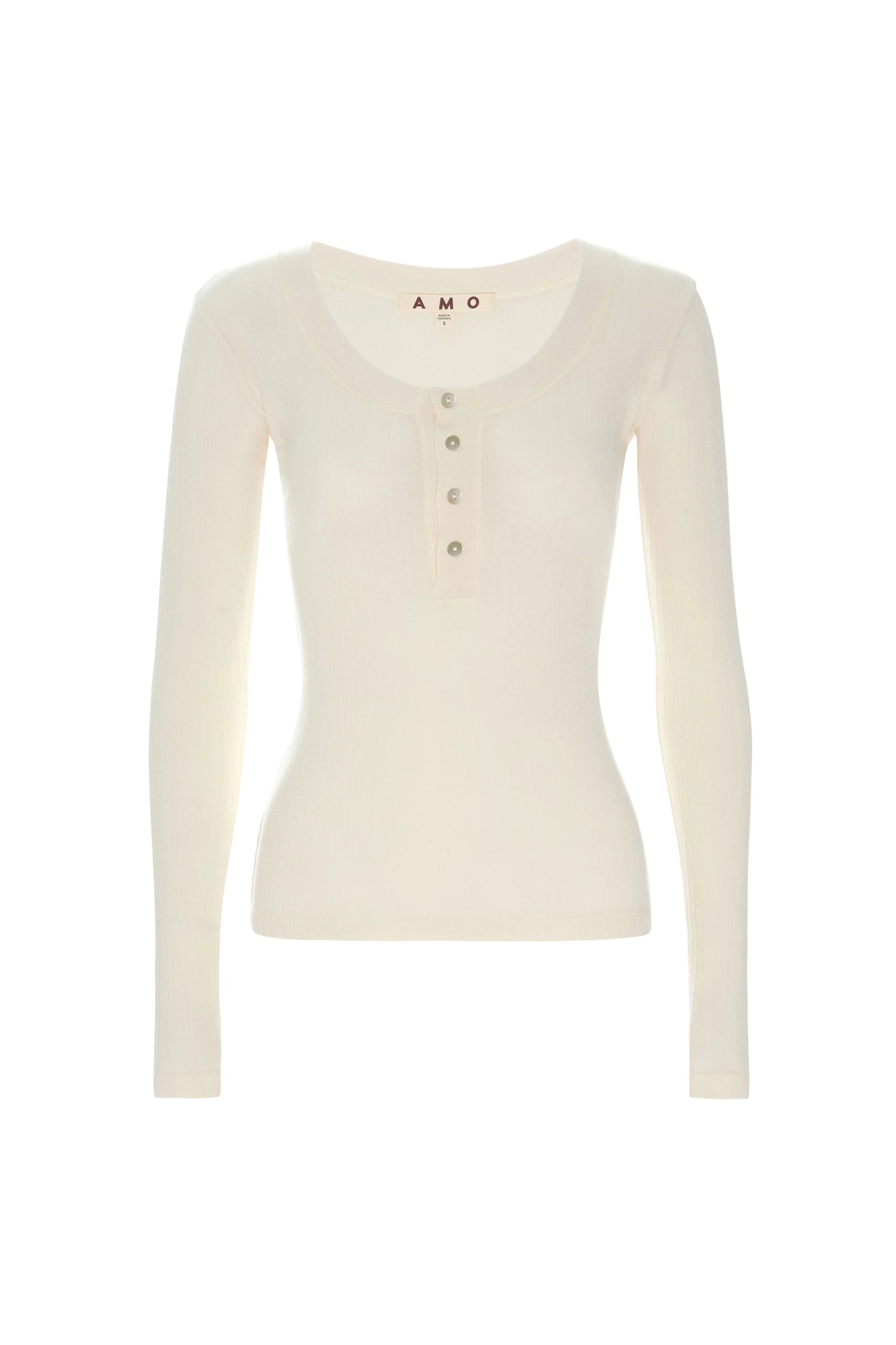 Image of a model wearing AMO Denim Sweets Henley in Bone (Natural White). Sweets Henley is a Premium Scoop Neck Cotton Henley with tonal button details and subtle ribbing. Made in Portugal.