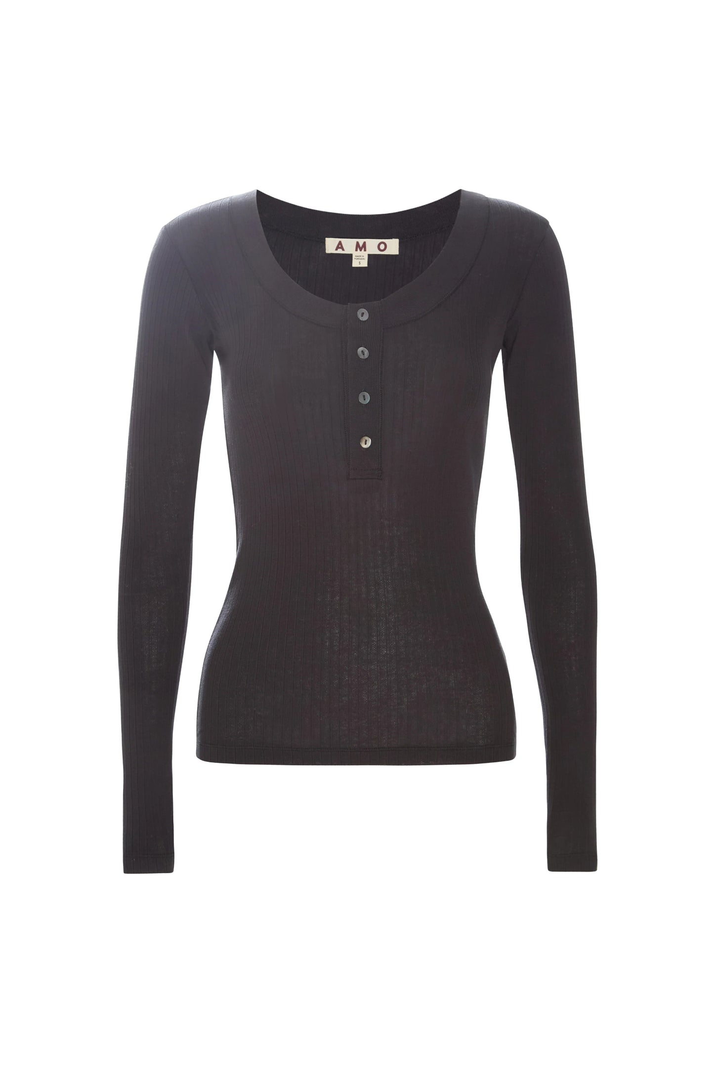 Image of a model wearing AMO Denim Sweets Henley in Vintage Black. Sweets Henley is a Premium Scoop Neck Cotton Henley with tonal button details and subtle ribbing. Made in Portugal.