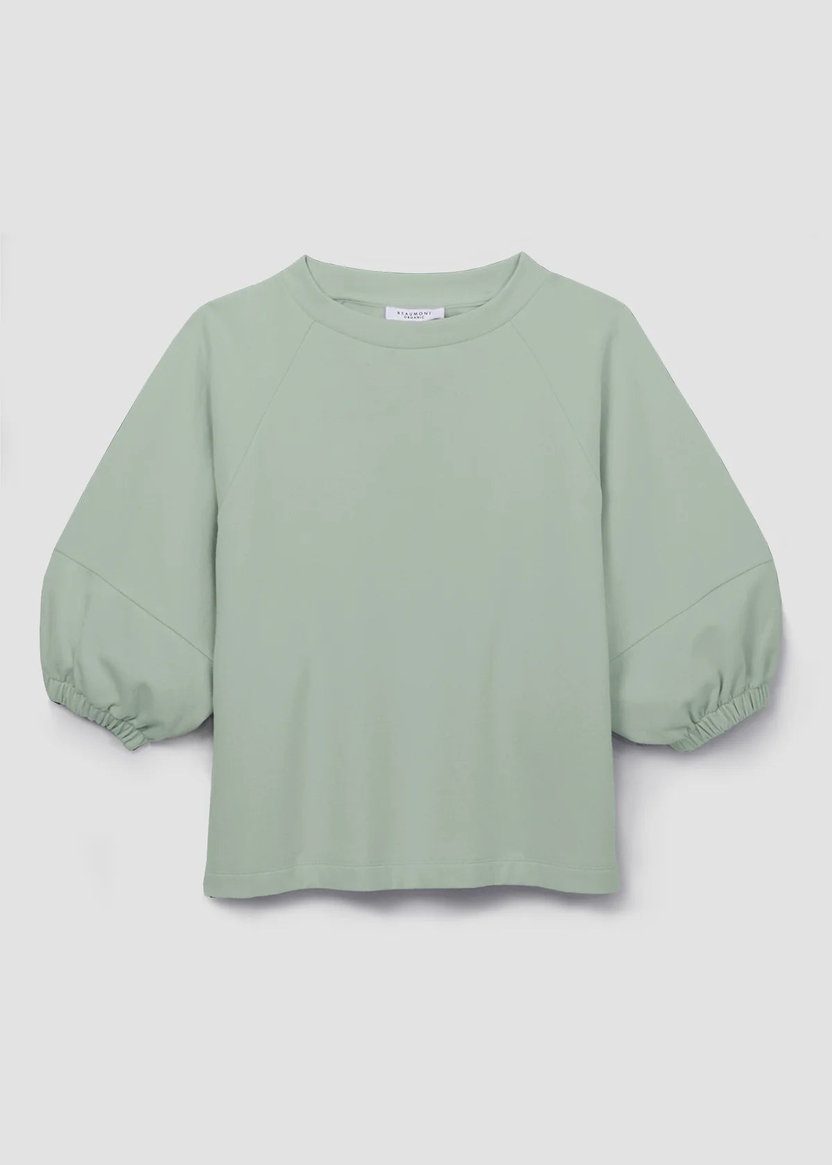 Image of Beaumont Organic Helios Sweatshirt in Pistachio Green Felpe Cotton. Helios is a medium length sweatshirt top with fashionable princess sleeves that hit at the elbow. Ethically made in Portugal from organic Cotton.