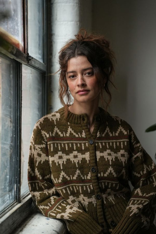 Sugi Recycled Wool Cardigan | Olive Fair Isle