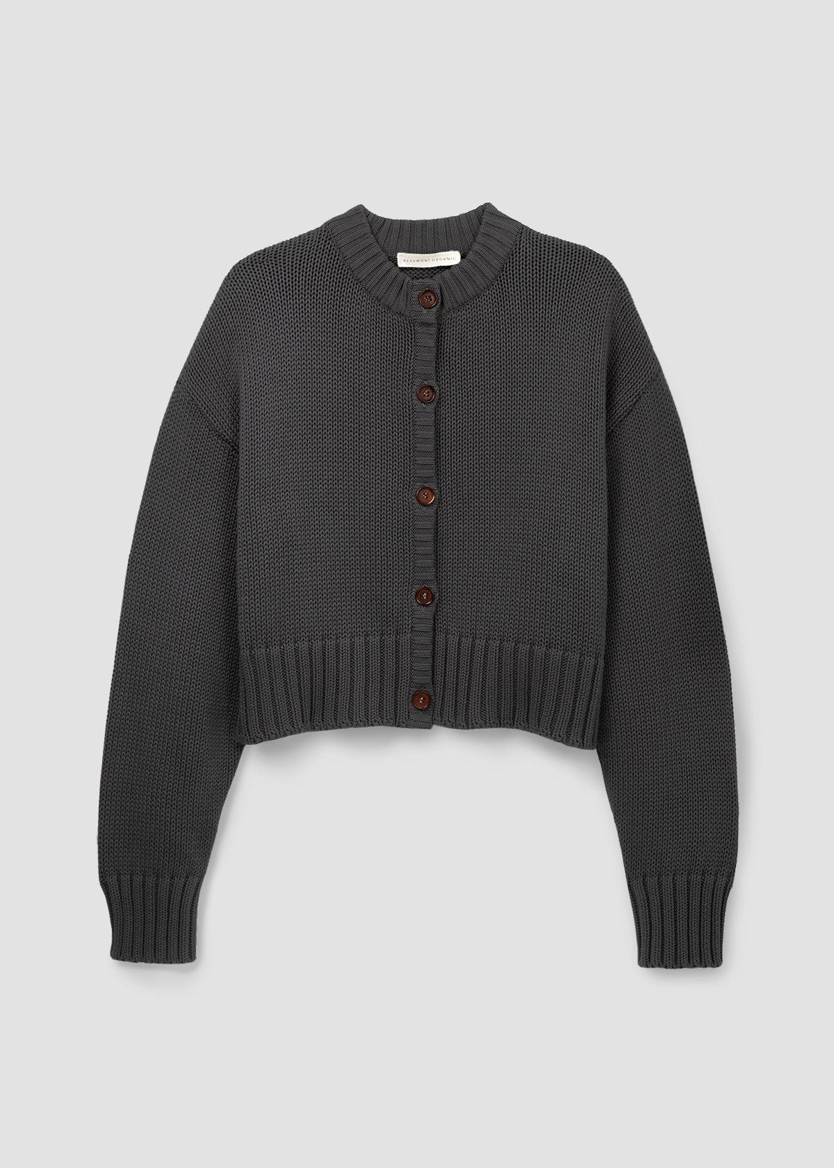 Image of model wearing BEAUMONT ORGANIC Sugi Cropped Organic Cotton Cardigan in Charcoal Marl