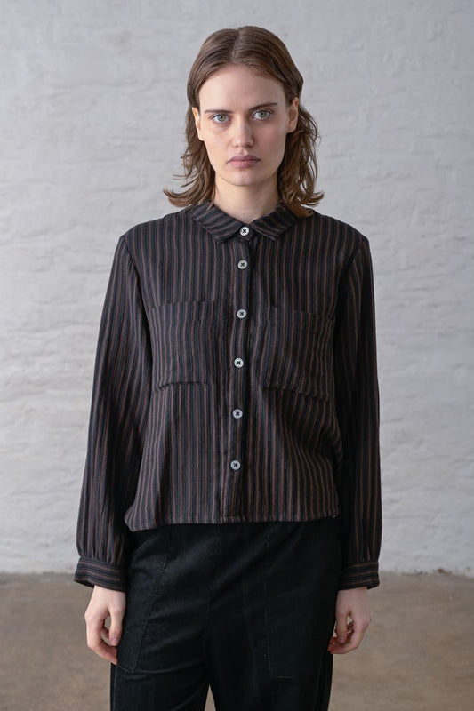 Ada Cropped Blouse | Black Brown Stripe
