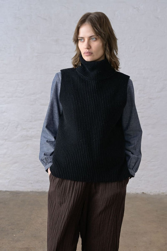 Lisa Knitted T-Neck Vest | Black Wool