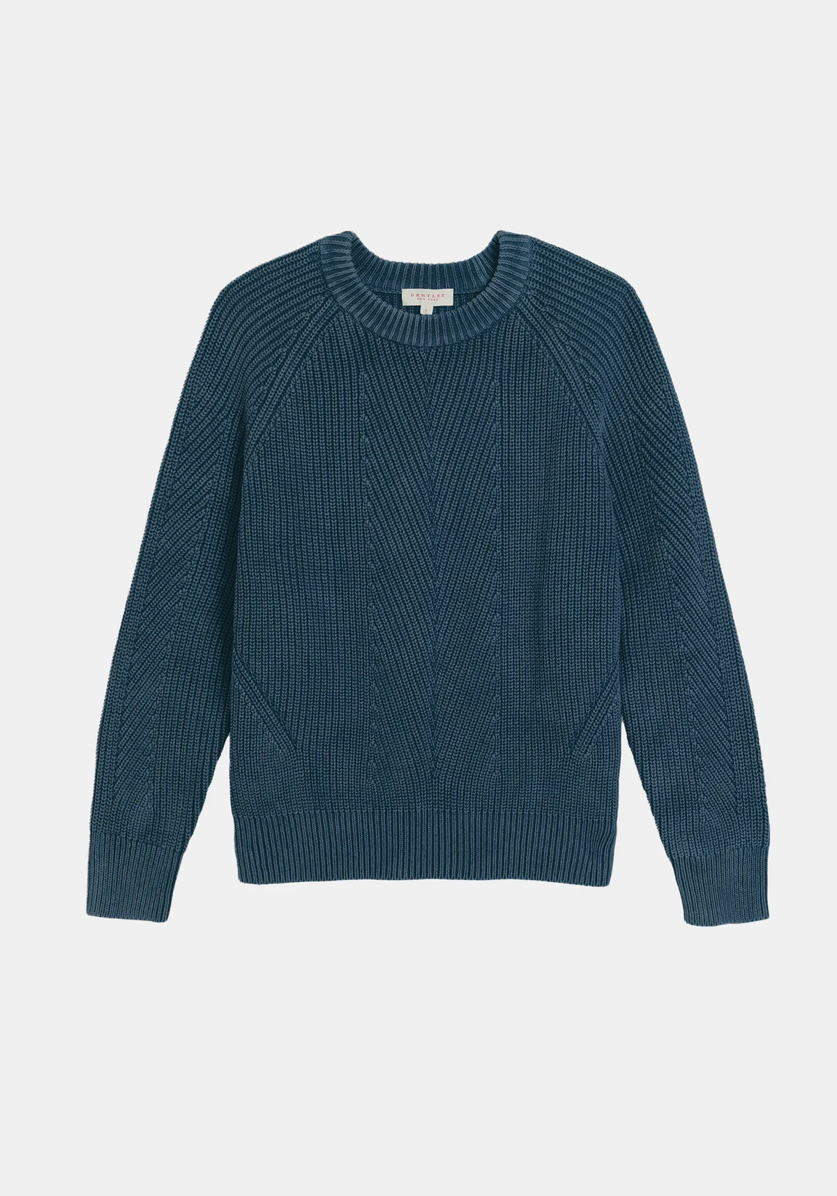 Image of DEMYLEE NEW YORK Chelsea Washed Cotton Sweater in Indigo. Chelsea is a classic Crewneck sweater with a vintage inspired fit and bracelet length sleeves.