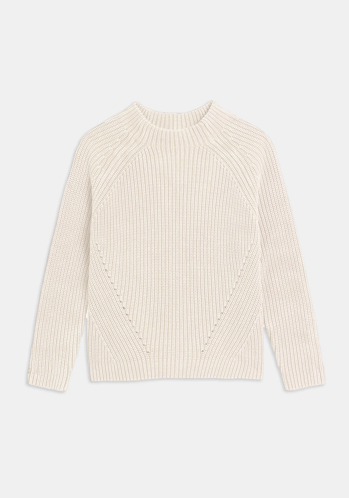 Image of DEMYLEE NEW YORK Daphne Washed Cotton Sweater in Natural White. Daphne has a mocked neck with pointelle seam details.