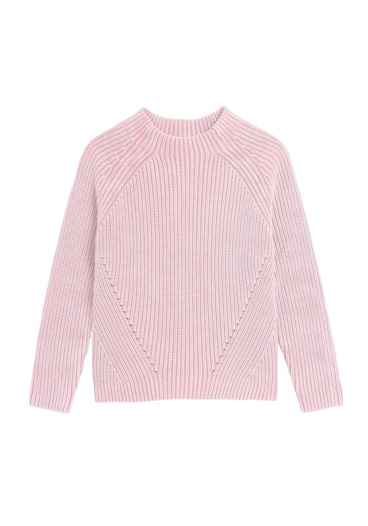 Image of DEMYLEE NEW YORK Daphne Washed Cotton Sweater in Peony Pink. Daphne has a mocked neck with pointelle seam details.