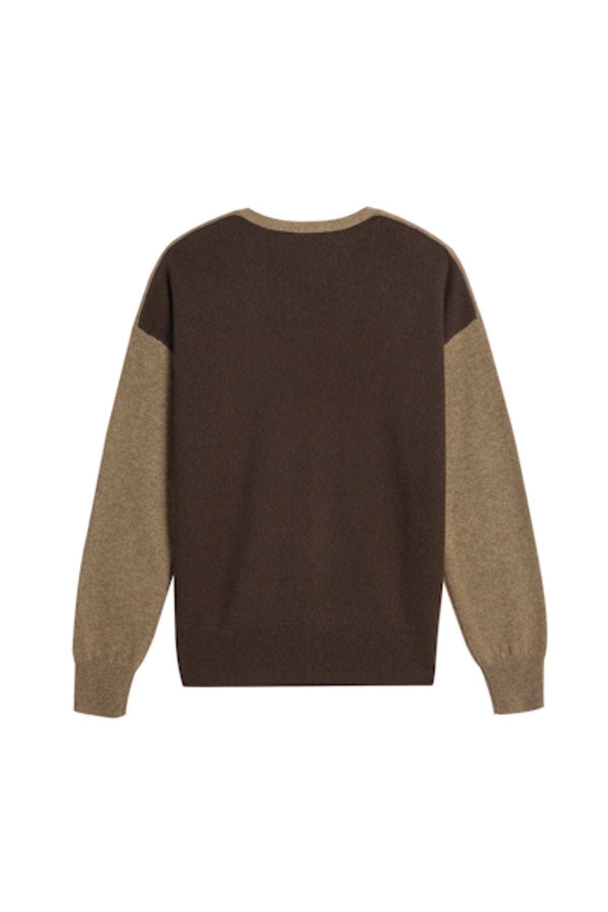 Image of model wearing DEMYLEE Abigail Color Block Cashmere Cardigan in Non-Dye and Espresso Dye Cashmere.