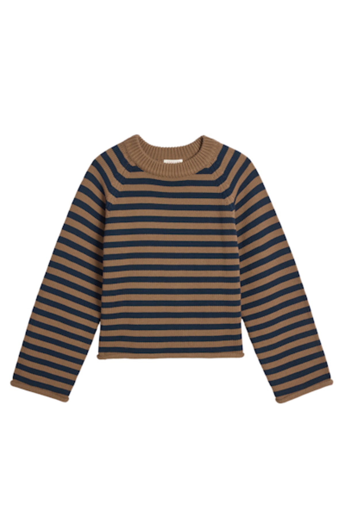 Image of model wearing DEMYLEE NEW YORK Andi Cotton Sweater in Navy on Mocha Stripe.