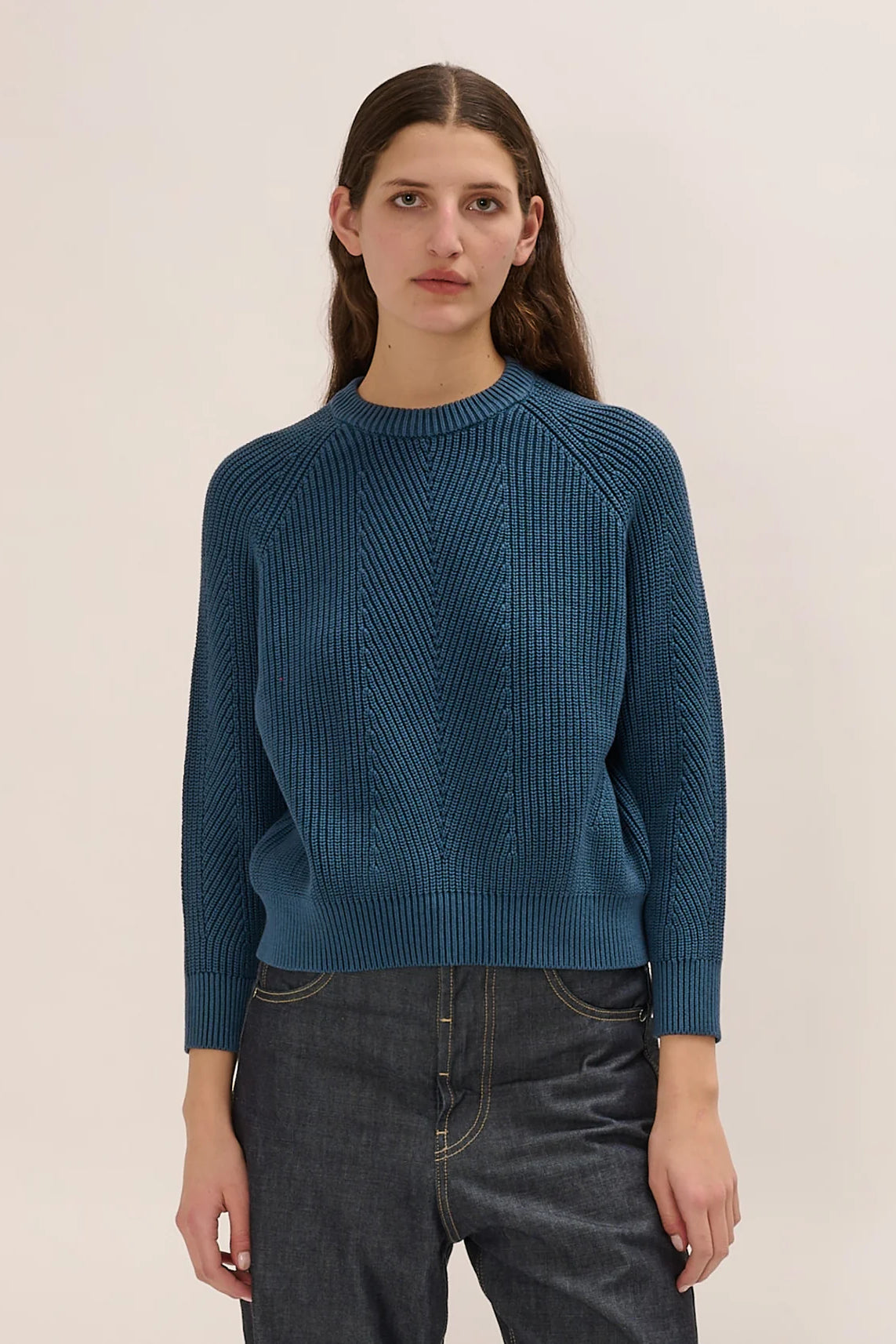 Image of DEMYLEE NEW YORK Chelsea Washed Cotton Sweater in Indigo. Chelsea is a classic Crewneck sweater with a vintage inspired fit and bracelet length sleeves.