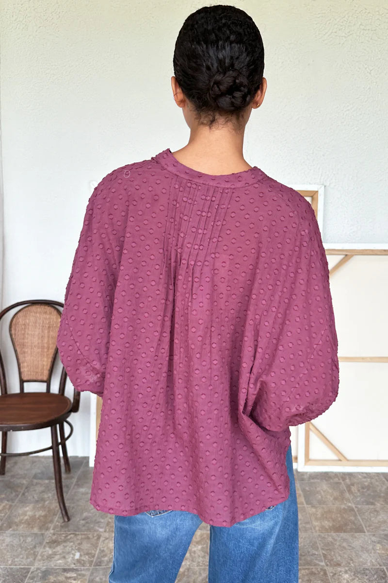 Image of model wearing Emerson Fry x Love Tomas collection Organic Cotton Mandarin Collar Top in Crushed Berry Jacquard.