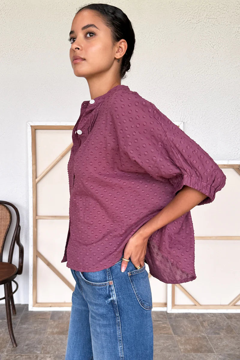 Image of model wearing Emerson Fry x Love Tomas collection Organic Cotton Mandarin Collar Top in Crushed Berry Jacquard.