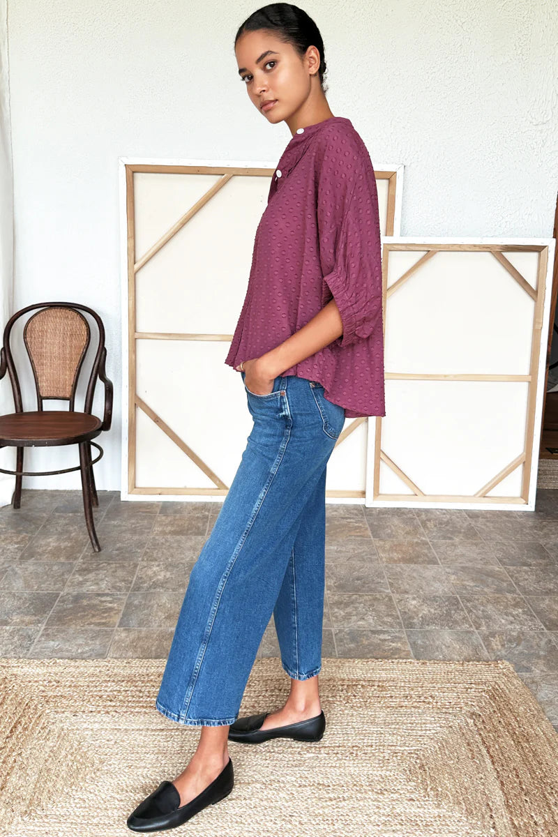 Image of model wearing Emerson Fry x Love Tomas collection Organic Cotton Mandarin Collar Top in Crushed Berry Jacquard.