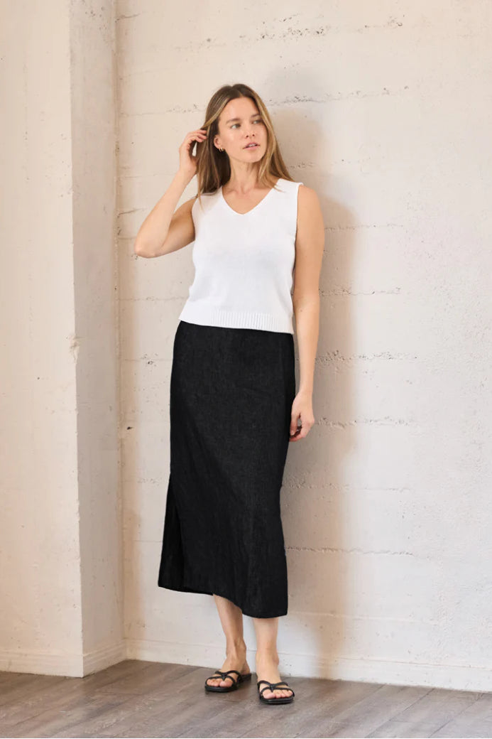 Image of IT IS WELL LA Linen Slit Midi Skirt in Black. Made in USA.