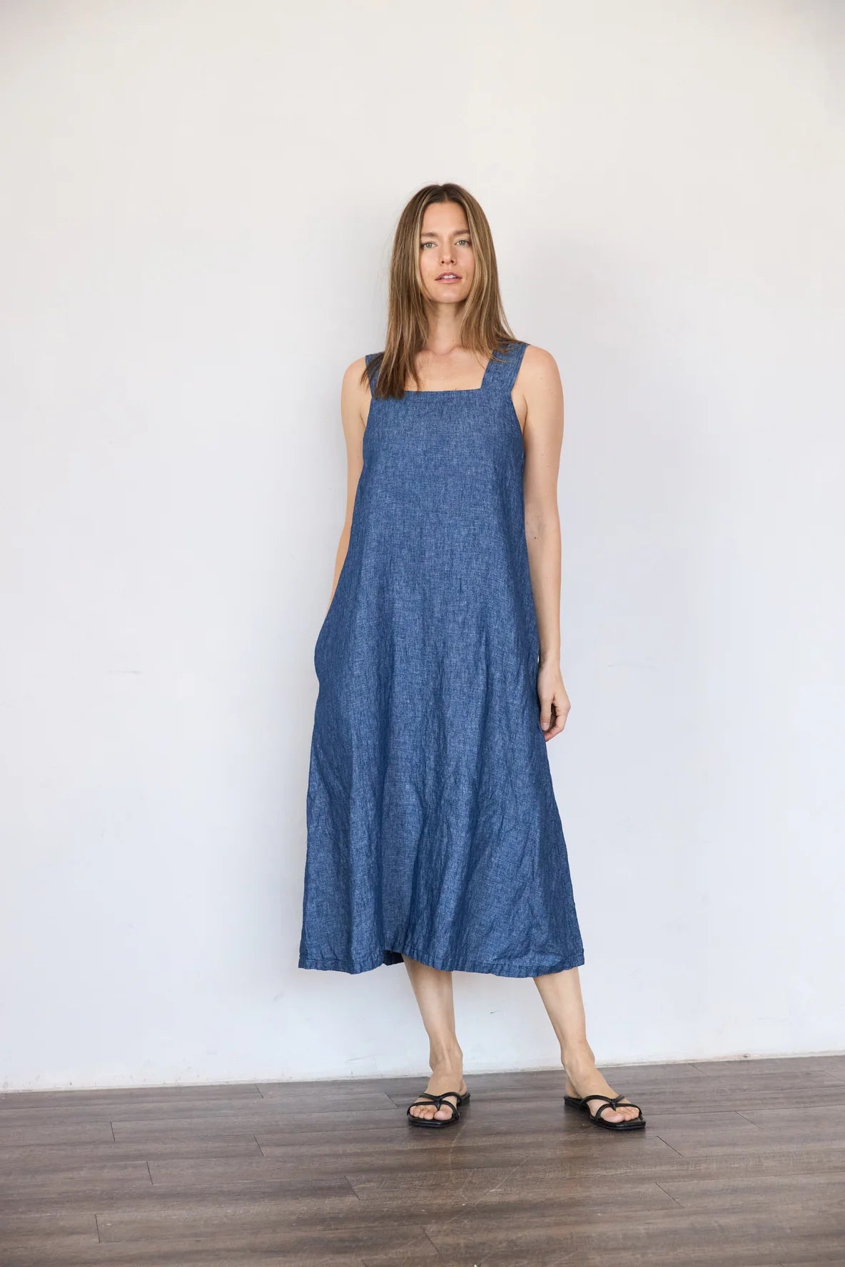 Image of IT IS WELL LA Linen Strap Sundress in Indigo Chambray. Made in USA.