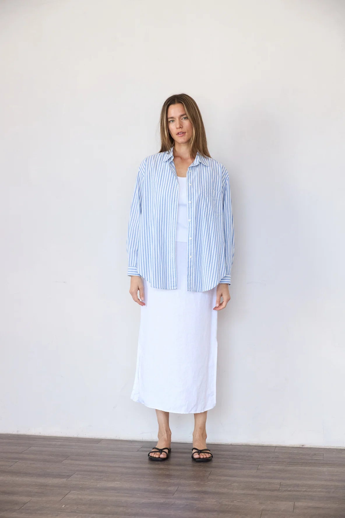 Image of IT IS WELL LA Oversized Striped Cotton Button Down in Blue and White Stripe. Made in USA.