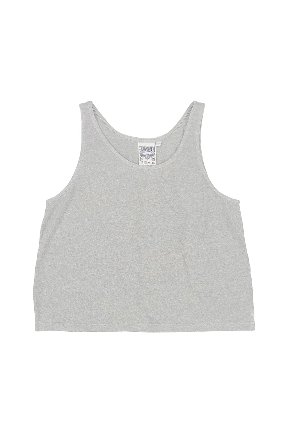 Image of Jungmaven Heathered Cropped Tank in Athletic Grey. Cropped Tank is a swinging tank top with side slit details and about 1/2 inch straps. Made in USA from Hemp-Organic Cotton fabric.
