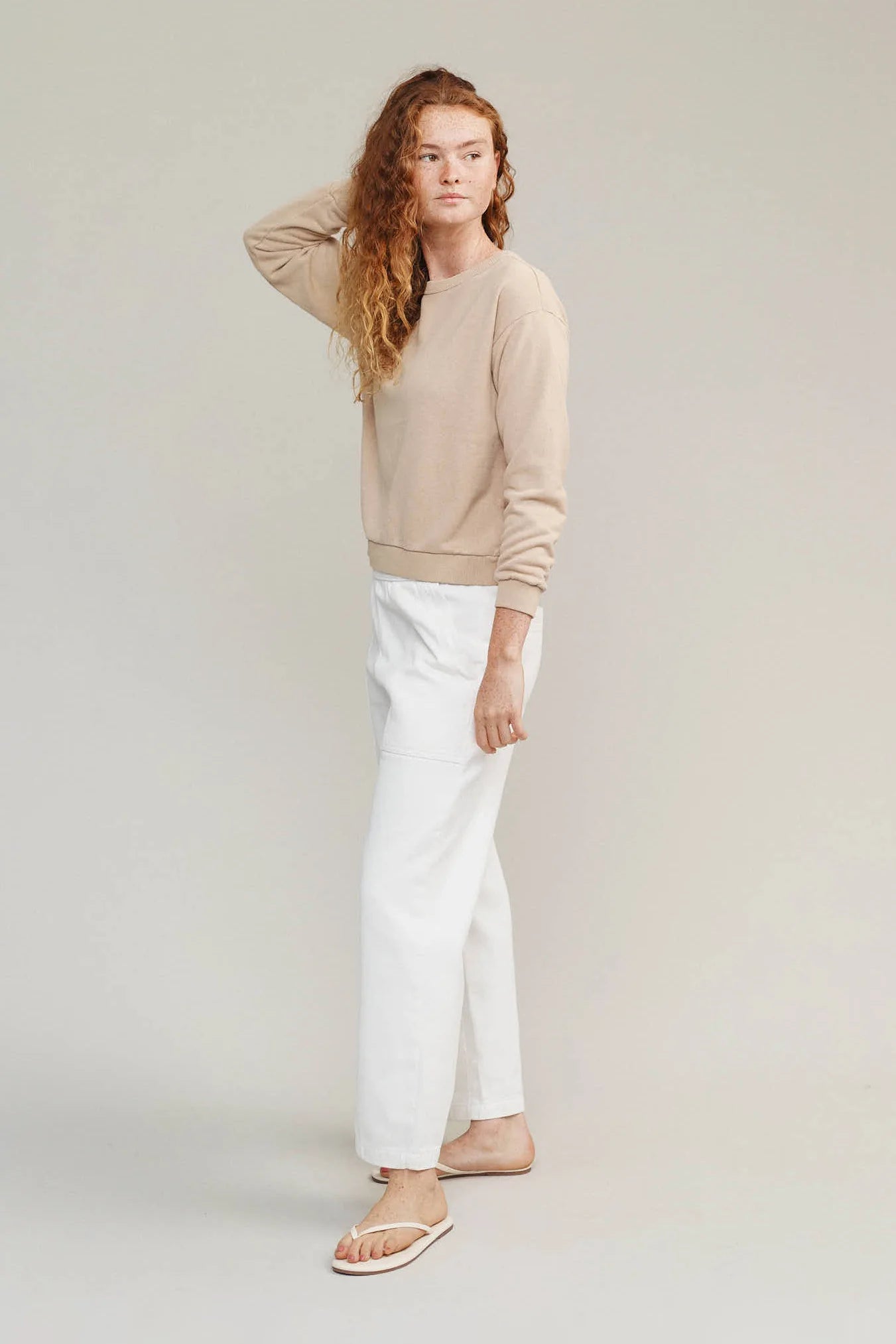 Image on model of Jungmaven Canvas Colored Organic Cotton and Hemp Blend Crux Boatneck Sweatshirt _ Eco Friendly Basics Brands _ Made in USA Apparel Brands