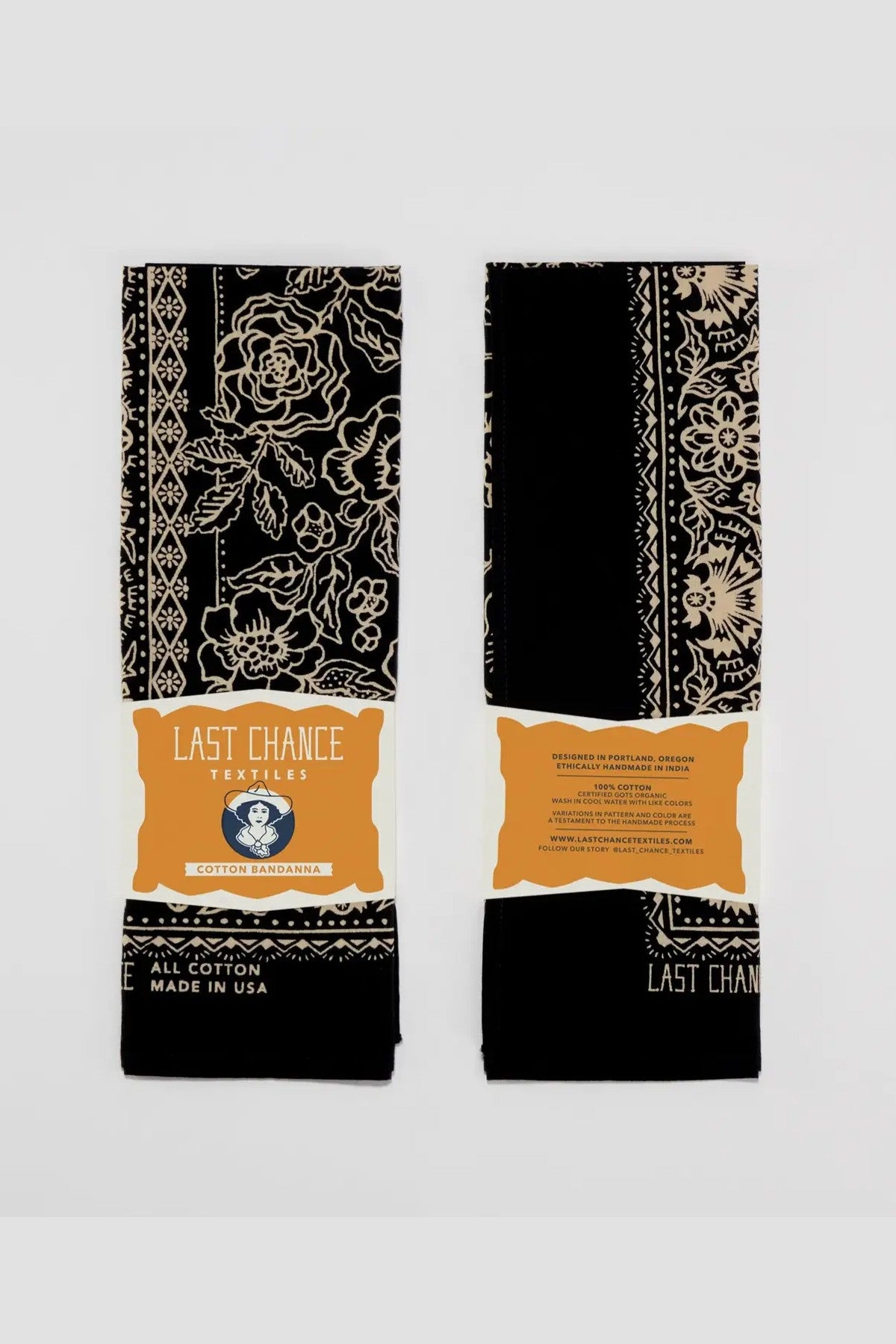 LAST CHANCE TEXTILES _ HAND DRAWN HAND BLOCK PRINTED NATURAL DYE GOTS ORGANIC COTTON BANDANA _ MADE IN INDIA _ FLORA PRINT _ SOFT BLACK