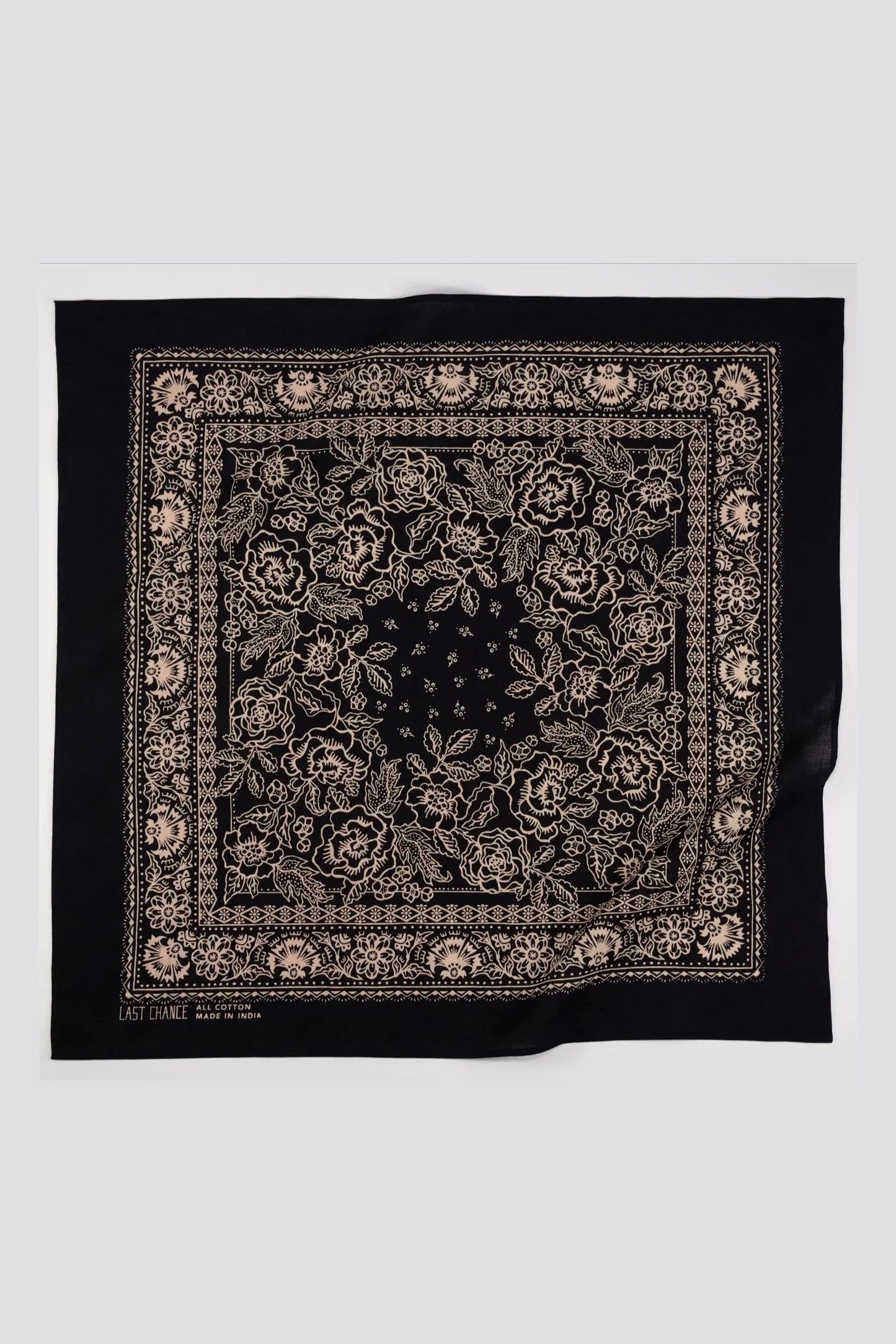 LAST CHANCE TEXTILES _ HAND DRAWN HAND BLOCK PRINTED NATURAL DYE GOTS ORGANIC COTTON BANDANA _ MADE IN INDIA _ FLORA PRINT _ SOFT BLACK