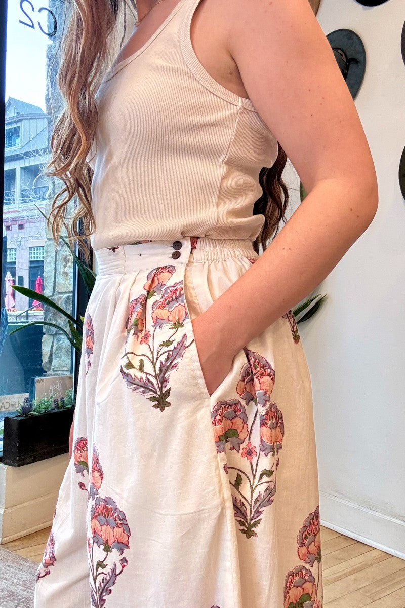 Image of model wearing MAELU DESIGNS Hand Block Printed Fleur Cotton Pant. Fleur Pants are a wide cut, culotte style trouser with a cropped length and all over floral print.
