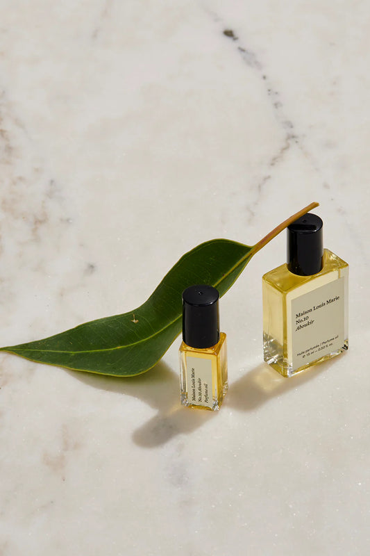 MAISON LOUIS MARIE Roll-On Perfume Oil Shown in Studio with Eucalyptus Leaf _ No. 10 Aboukir 0.5 fl oz Personal Fragrance