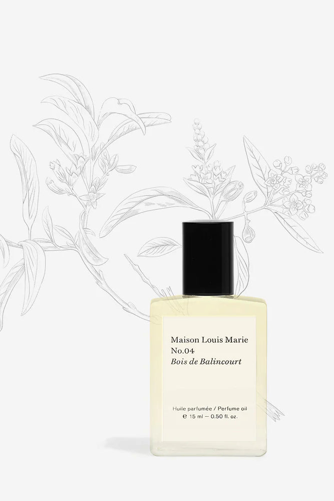 MAISON LOUIS MARIE Roll-On Perfume Fragrance Bottle Shown in Studio with Sketched Flowers_ No. 4 Bois des Bailincourt Sandalwood 0.5 fl oz personal perfume oil fragrance