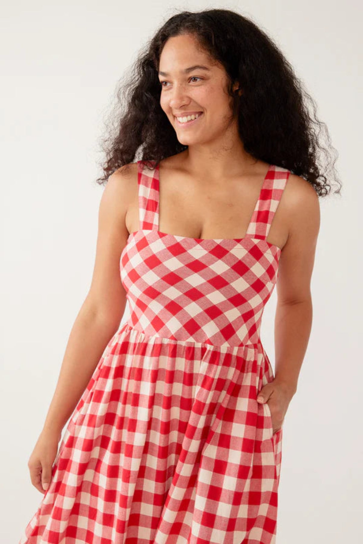 Nikita Wide Strap Midi Dress | Red Gingham