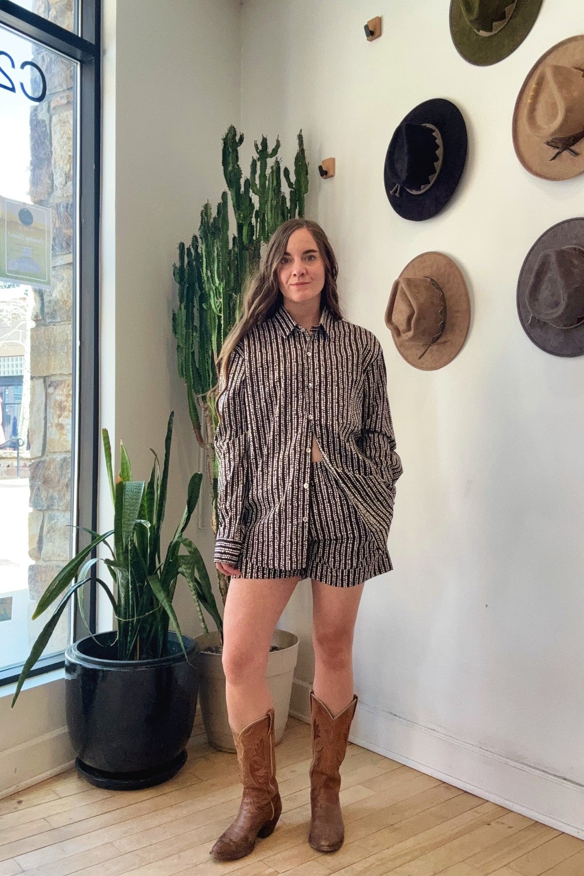 Drawstring Poplin Shorts | Brown Squares
