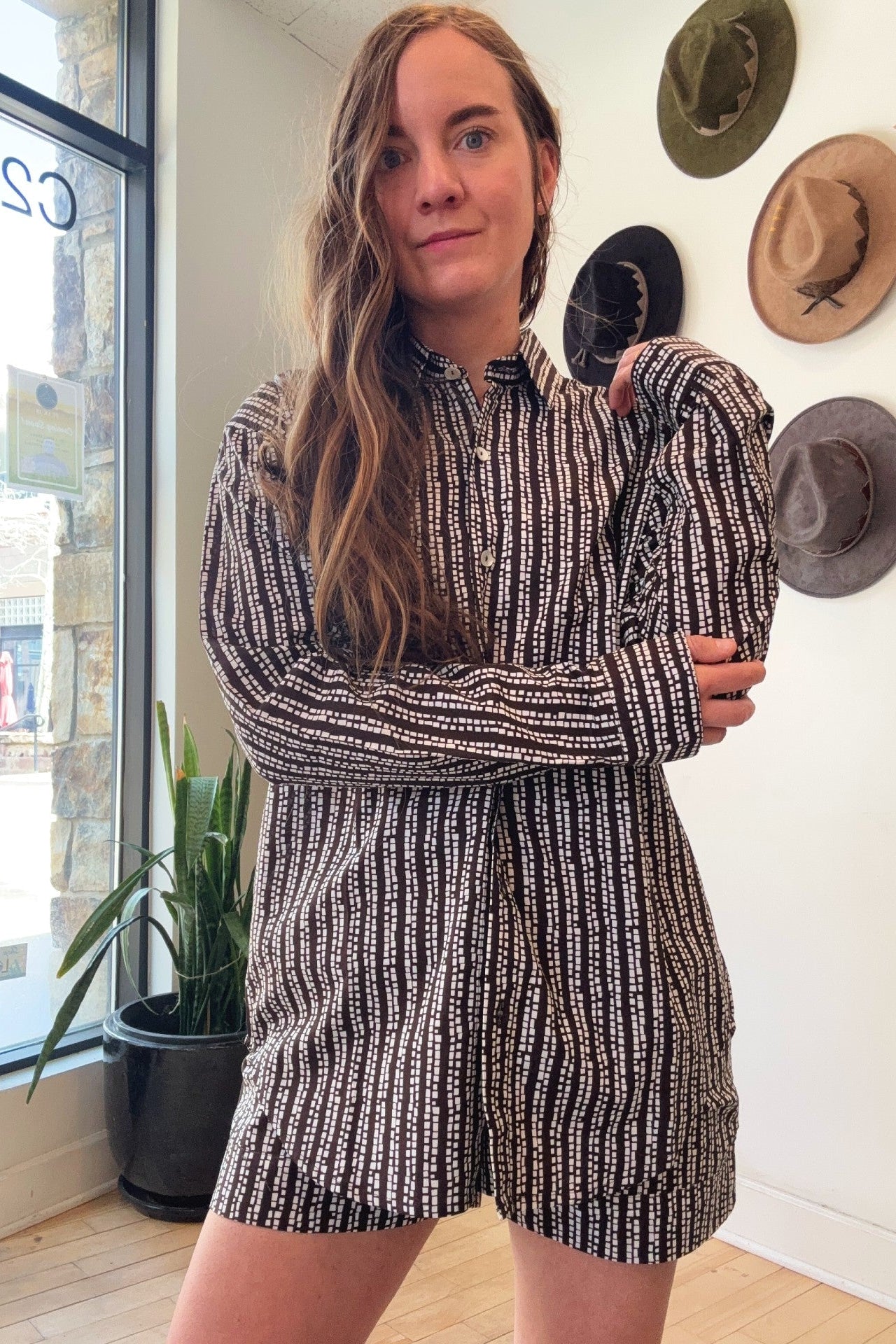 Button Front Poplin Top | Brown Squares