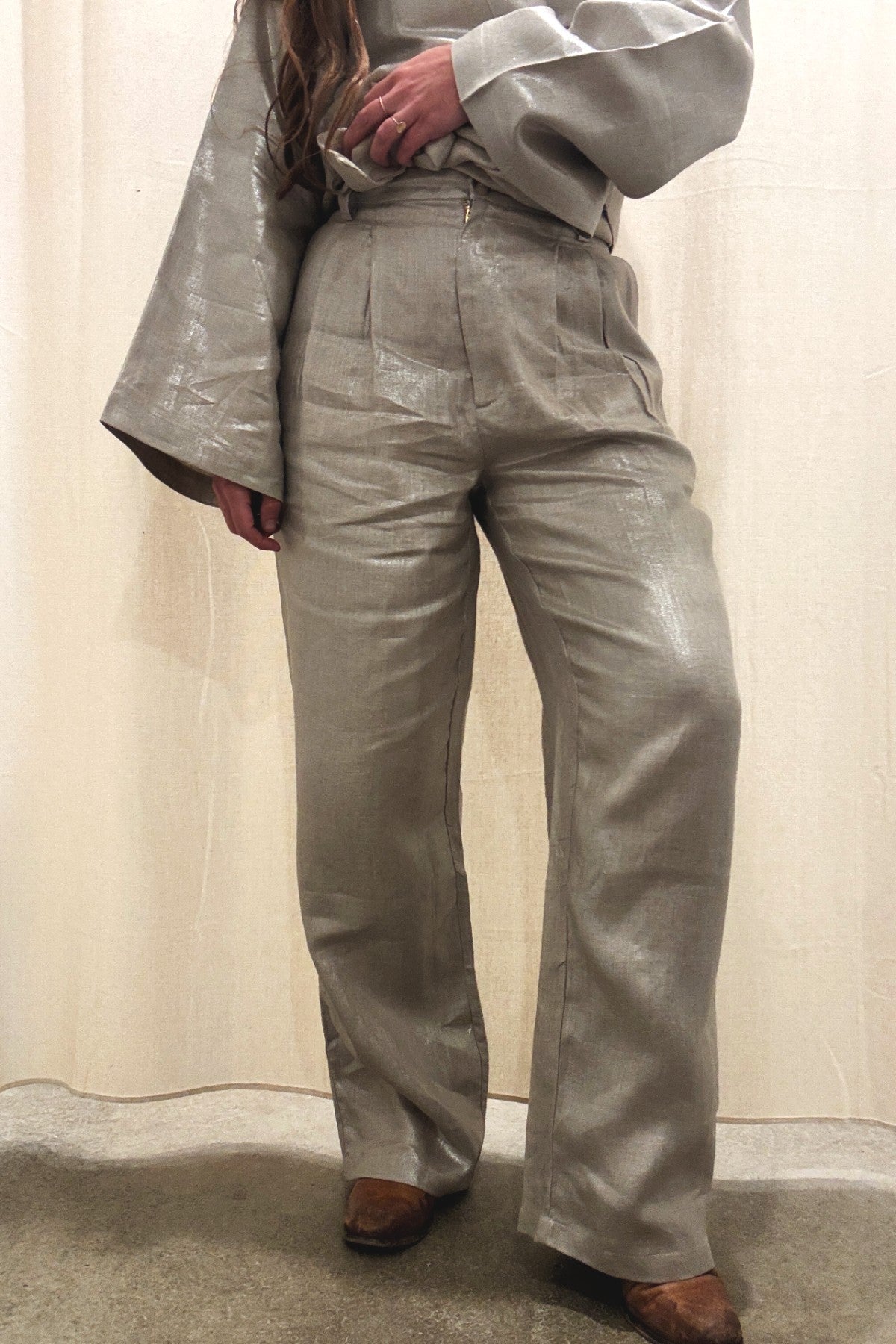 Pleated High Waist Trouser | Champagne Shimmer Twill