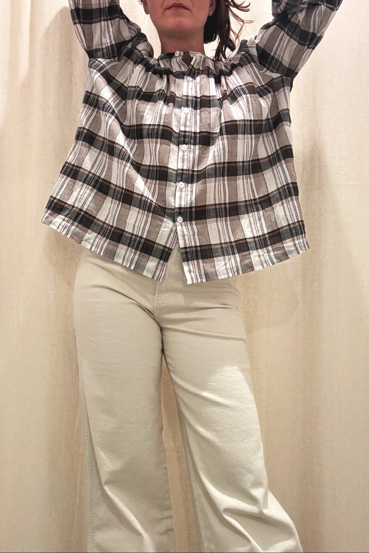 Windowpane Button Top | Black Gauze