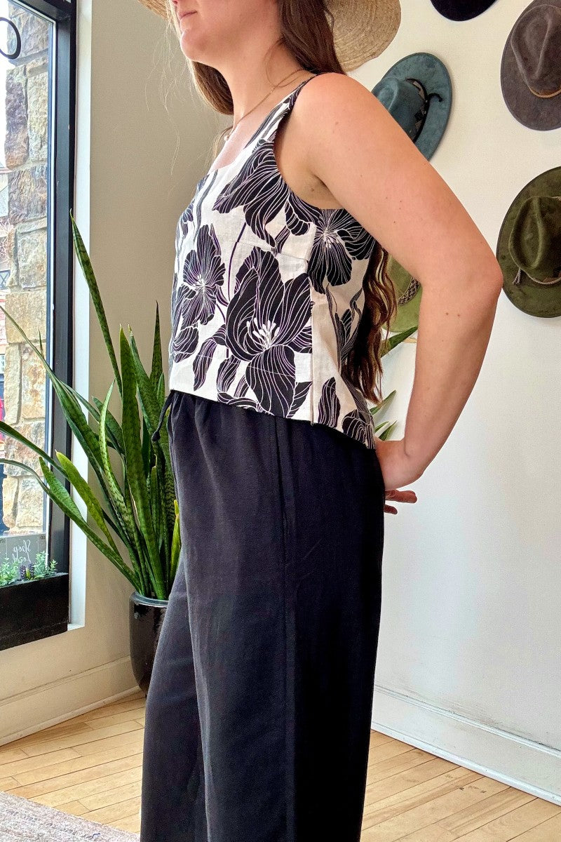 Image of NARY RESORT Square Neck Tank Top in Dead stock Black + White Large Print Floral Linen. Ethically made in Cambodia.
