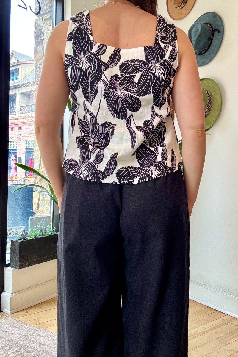 Image of NARY RESORT Square Neck Tank Top in Dead stock Black + White Large Print Floral Linen. Ethically made in Cambodia.