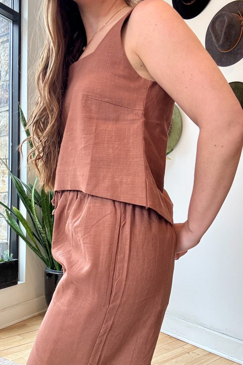 Image of NARY RESORT Square Neck Tank Top in Clay Deadstock linen. Ethically made in Cambodia.