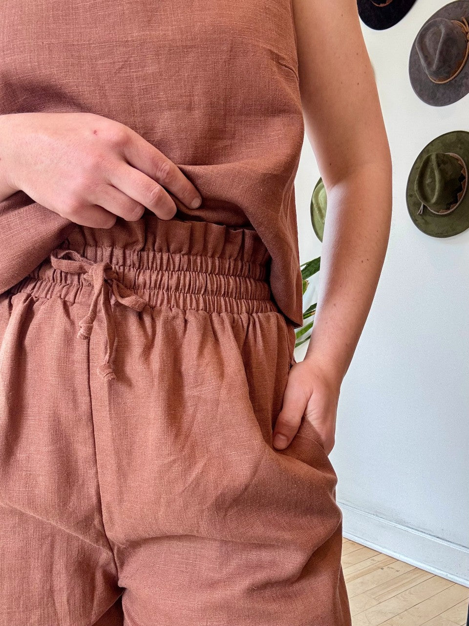 Image of NARY RESORT Square Neck Tank Top in Clay Deadstock linen. Ethically made in Cambodia.