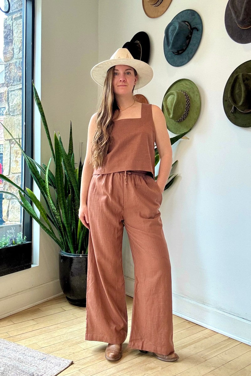 Image of NARY RESORT Square Neck Tank Top in Clay Deadstock linen. Ethically made in Cambodia.