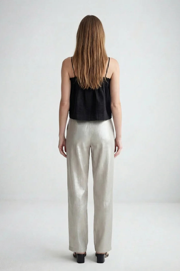 Pleated High Waist Trouser | Champagne Shimmer Twill
