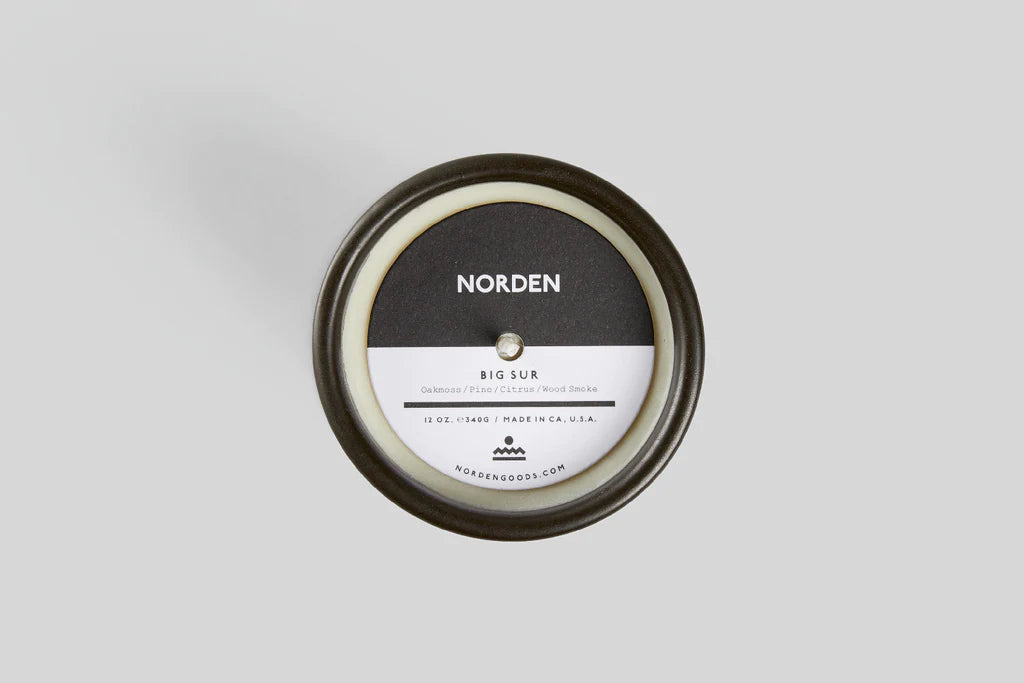 NORDEN GOODS Made in California Handthrown Ceramic Coconut and Apricot Wax Sustainable Organic Candle Oakmoss Pine Wood Smoke Big Sur Fragrance