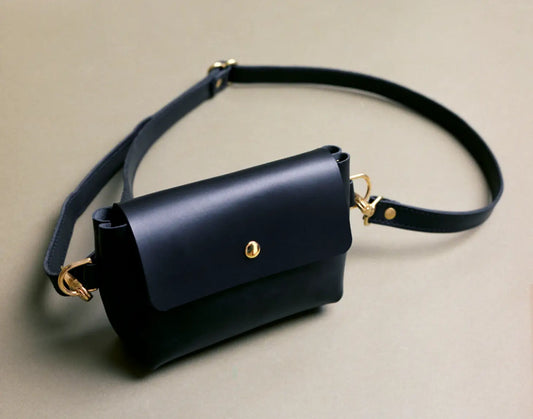 WEATHER & STORY - Black Vegetable Tanned Smooth Leather Sling Bag with Brass Hardware - Handmade in Austin, Texas, USA