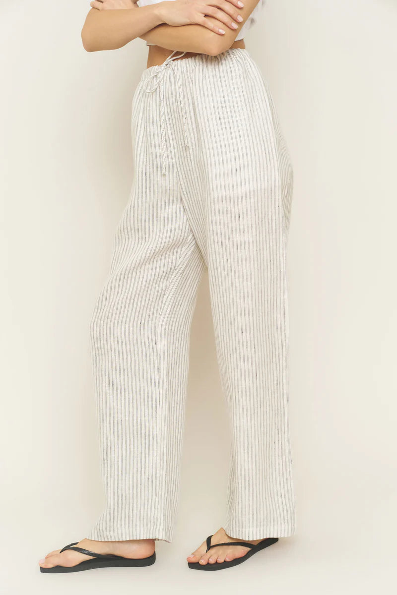 Image of model wearing Whimsy + Row Kira Pull-On Wide Leg Pant in Stripe Linen. Made in Los Angeles.
