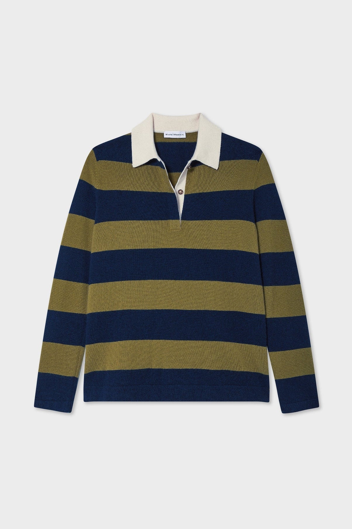 Image of model wearing White + Warren Cashmere Rugby Polo Sweater. This sweater has an oversized fit with all over navy and olive large stripping, contrast cream collar, and tortoise buttons on lapel.