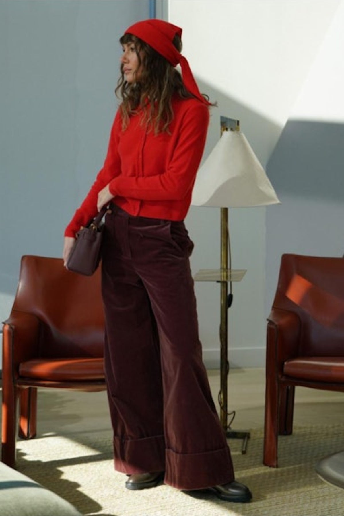 Image of model wearing WHITE AND WARREN Collared Cardigan in French Red Cashmere.