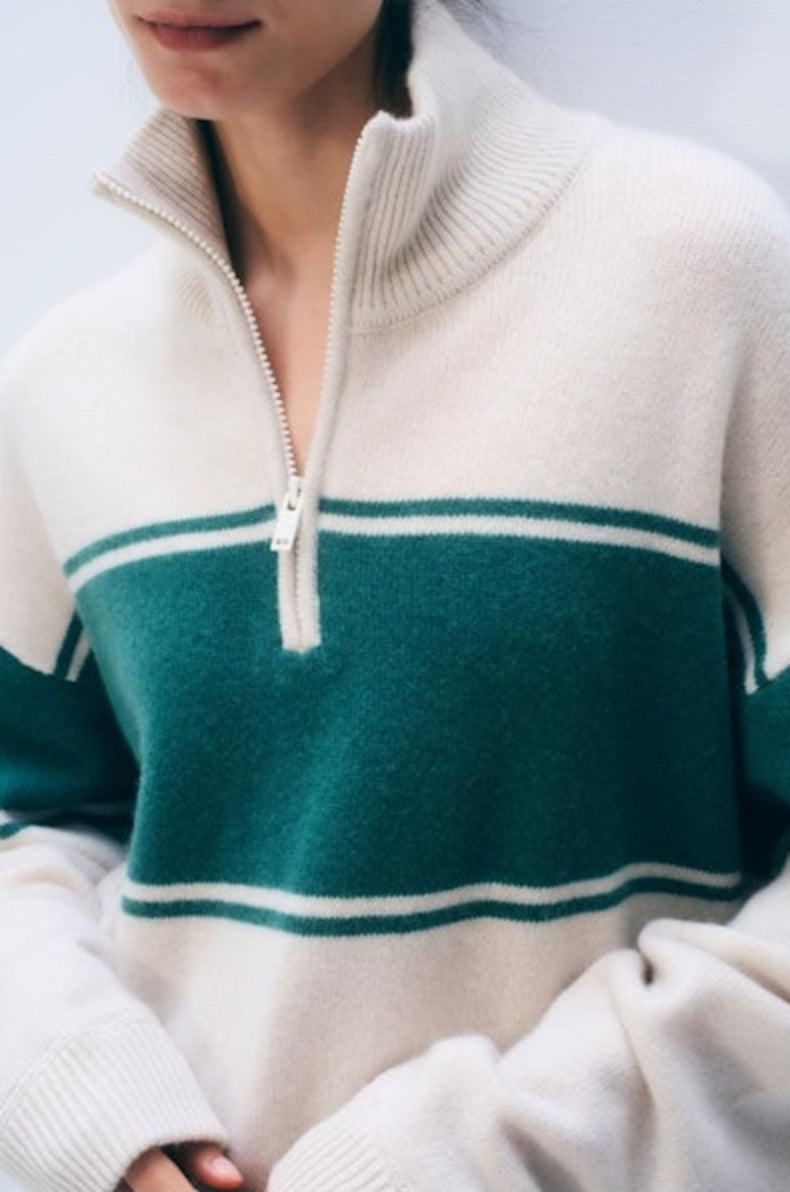 Cashmere-Wool Quarter Zip | Ivory + Ivy Green