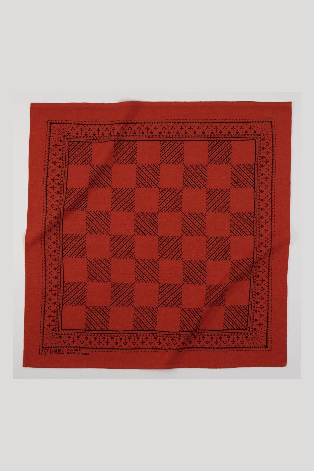 LAST CHANCE TEXTILES Naturally Dyed Raw Silk Bandana in Madder Red with Classic Black Check Print