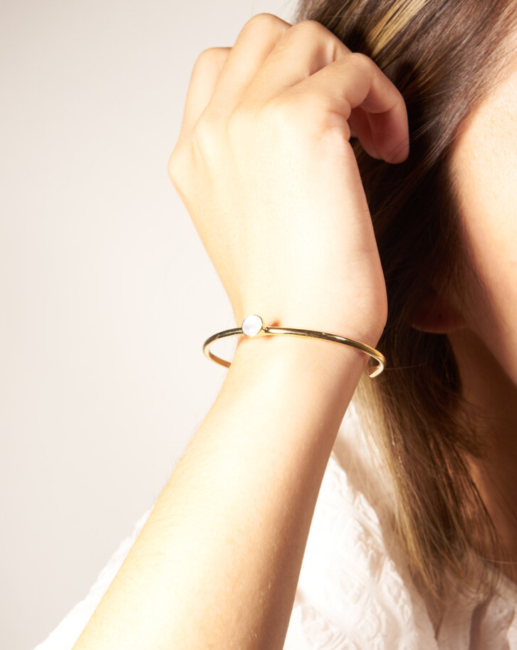 ODETTE NY Women's Sustainable Made in USA Jewelry Aura Sleek Recycled Brass Open Cuff with Mother of Pearl Detail
