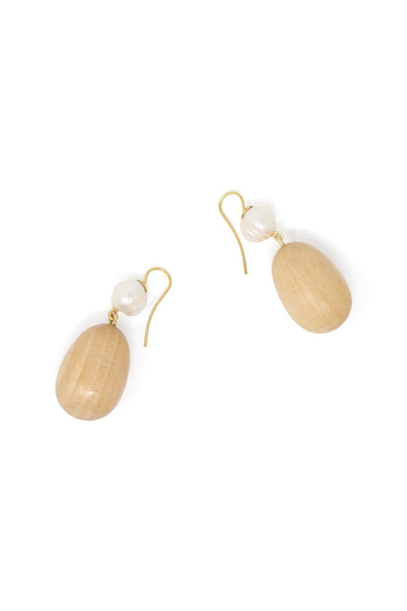 Sophie Monet Natural Reclaimed Sustainable Maple Woodand Freshwater Pearl Egg Drop Earrings